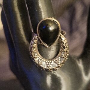 Vintage Art Deco Style Black Onyx Marcasite Statement Ring Adjustable - Untested